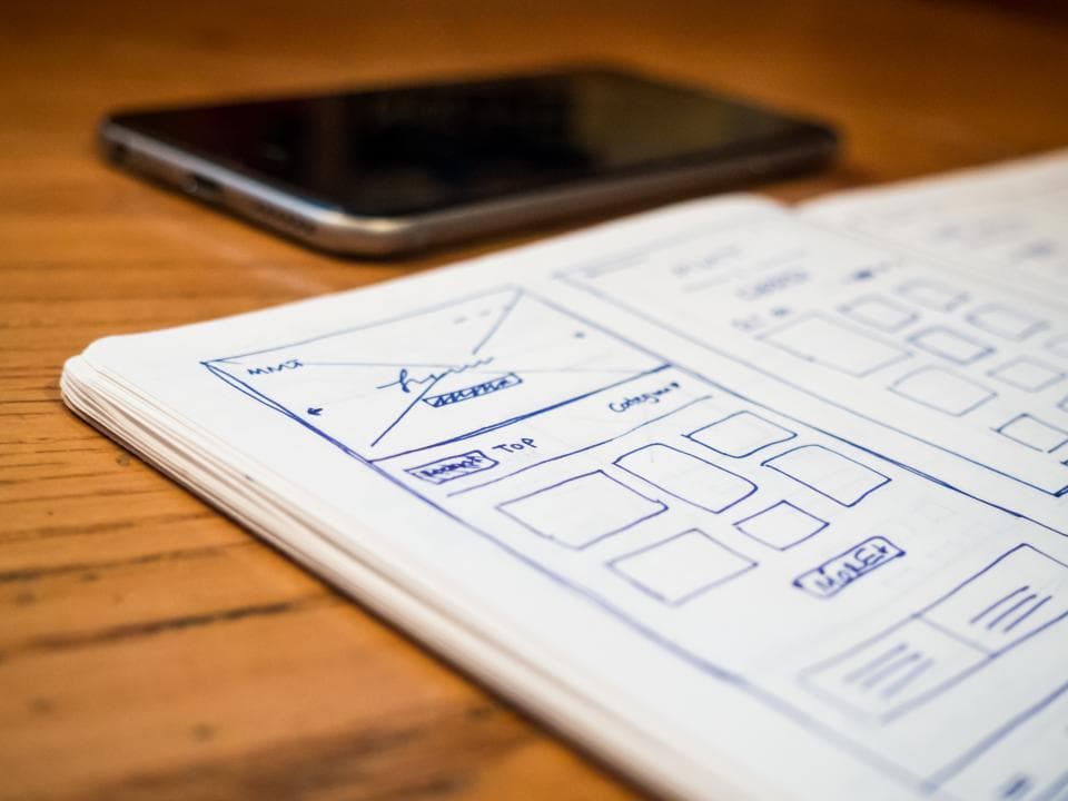 Website wireframes sketched in a notebook
